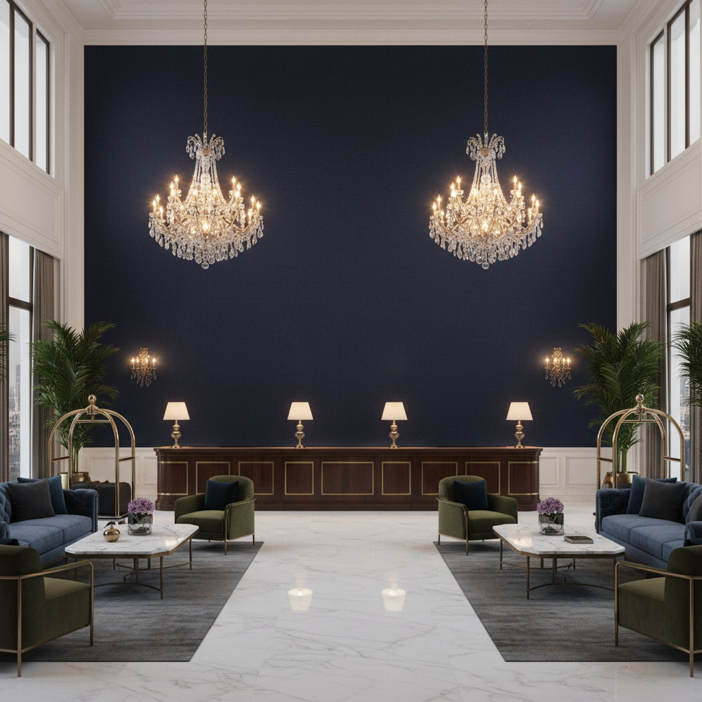 Oxford Velvet Azure | Kravet - Hotel Lobby Visualization (AI-generated, may not be to scale. Verify pattern scale with product specifications.)