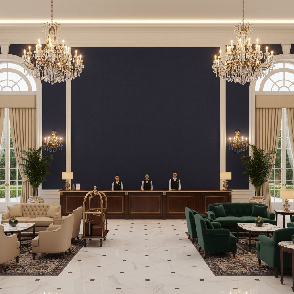 Oxford Velvet Cerulean | Kravet - Hotel Lobby Visualization (AI-generated, may not be to scale. Verify pattern scale with product specifications.)