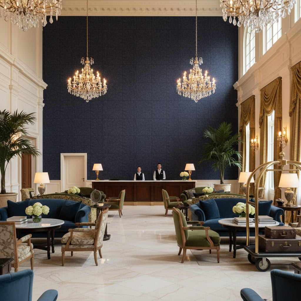 Oxford Velvet black | Kravet - Hotel Lobby Visualization (AI-generated, may not be to scale. Verify pattern scale with product specifications.)