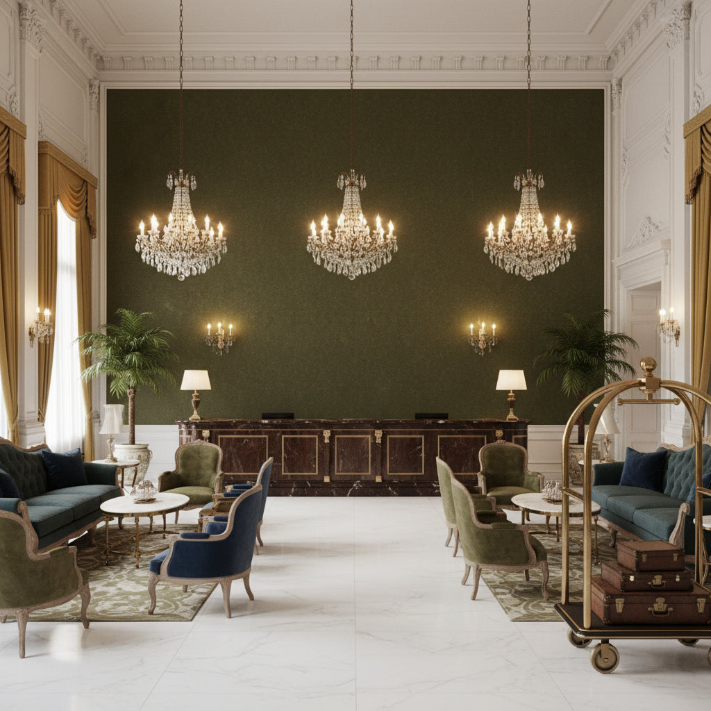 Oxford Velvet Forest | Kravet - Hotel Lobby Visualization (AI-generated, may not be to scale. Verify pattern scale with product specifications.)