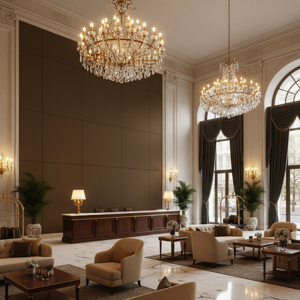Oxford Velvet Cocoa | Kravet - Hotel Lobby Visualization (AI-generated, may not be to scale. Verify pattern scale with product specifications.)