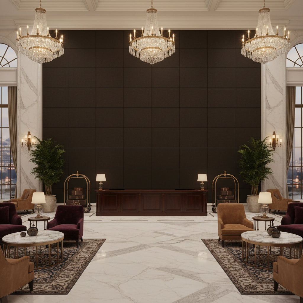 Oxford Velvet Chocolate | Kravet - Hotel Lobby Visualization (AI-generated, may not be to scale. Verify pattern scale with product specifications.)