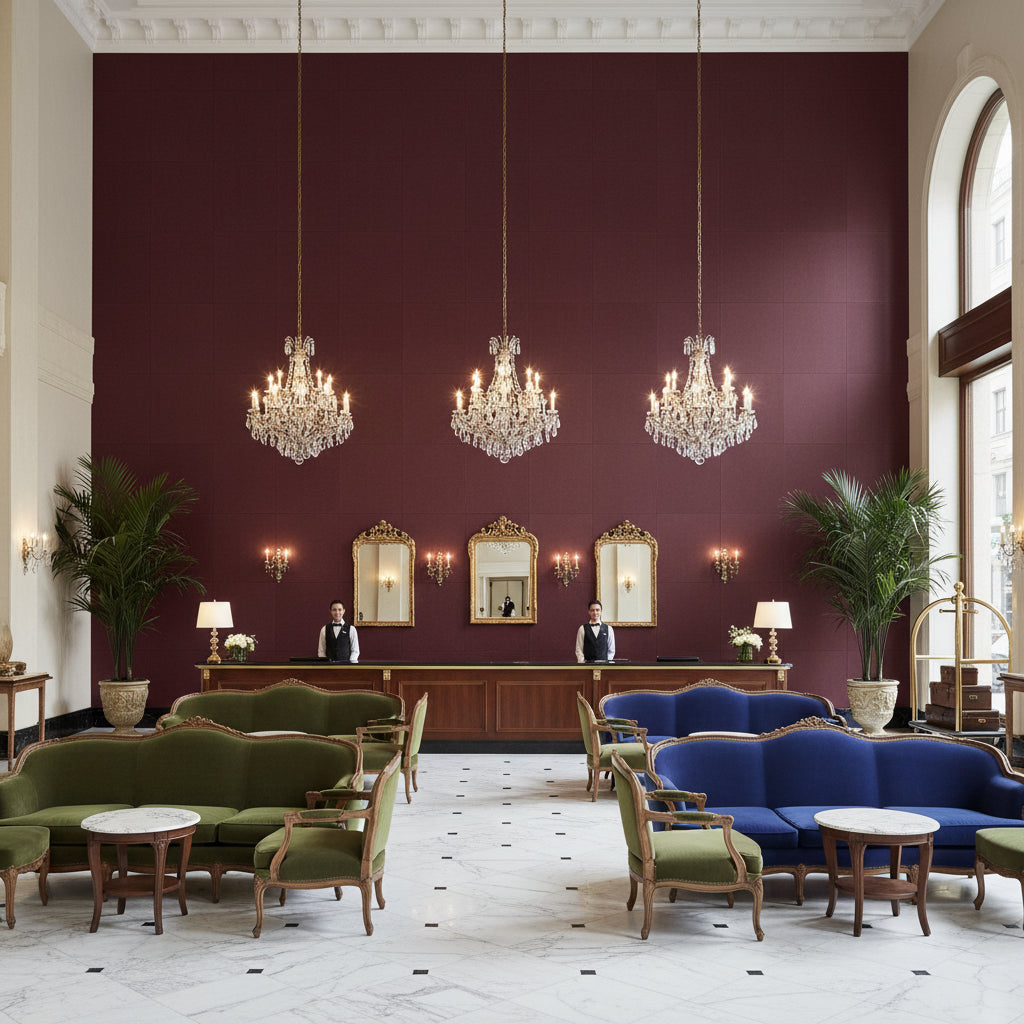 Oxford Velvet dark maroon | Kravet - Hotel Lobby Visualization (AI-generated, may not be to scale. Verify pattern scale with product specifications.)