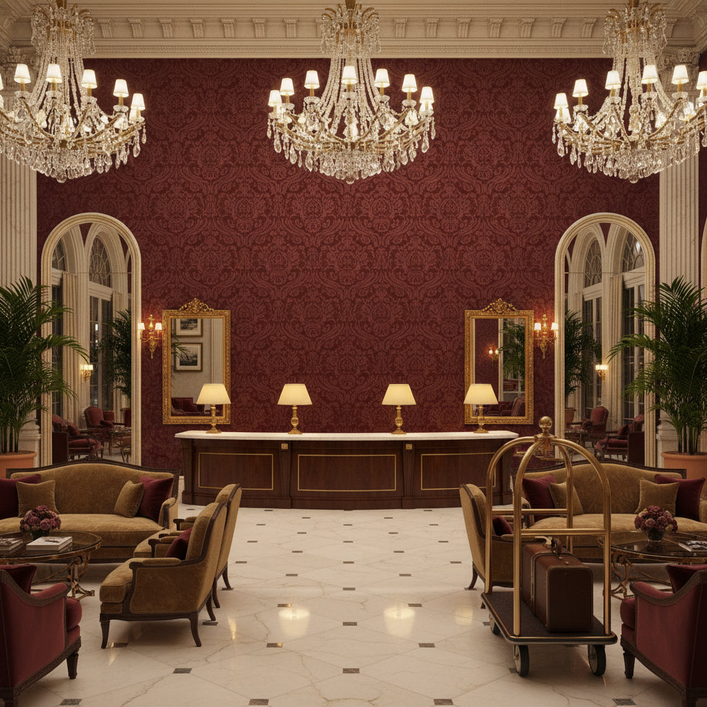 Oxford Velvet Cranberry | Kravet - Hotel Lobby Visualization (AI-generated, may not be to scale. Verify pattern scale with product specifications.)