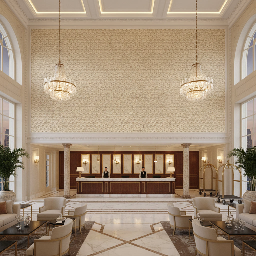 Lonsdale Ivory | Kravet - Hotel Lobby Visualization (AI-generated, may not be to scale. Verify pattern scale with product specifications.)