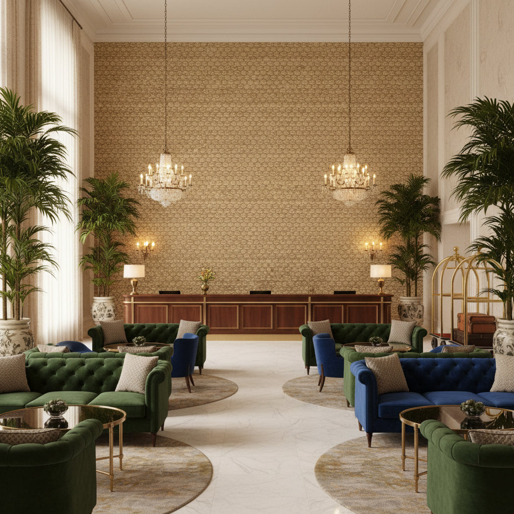 Lonsdale Barley | Kravet - Hotel Lobby Visualization (AI-generated, may not be to scale. Verify pattern scale with product specifications.)