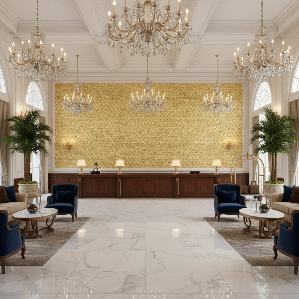 Lonsdale Straw | Kravet - Hotel Lobby Visualization (AI-generated, may not be to scale. Verify pattern scale with product specifications.)