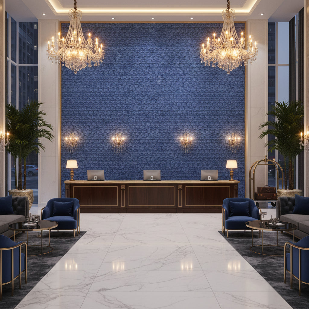 Lonsdale Blue | Kravet - Hotel Lobby Visualization (AI-generated, may not be to scale. Verify pattern scale with product specifications.)