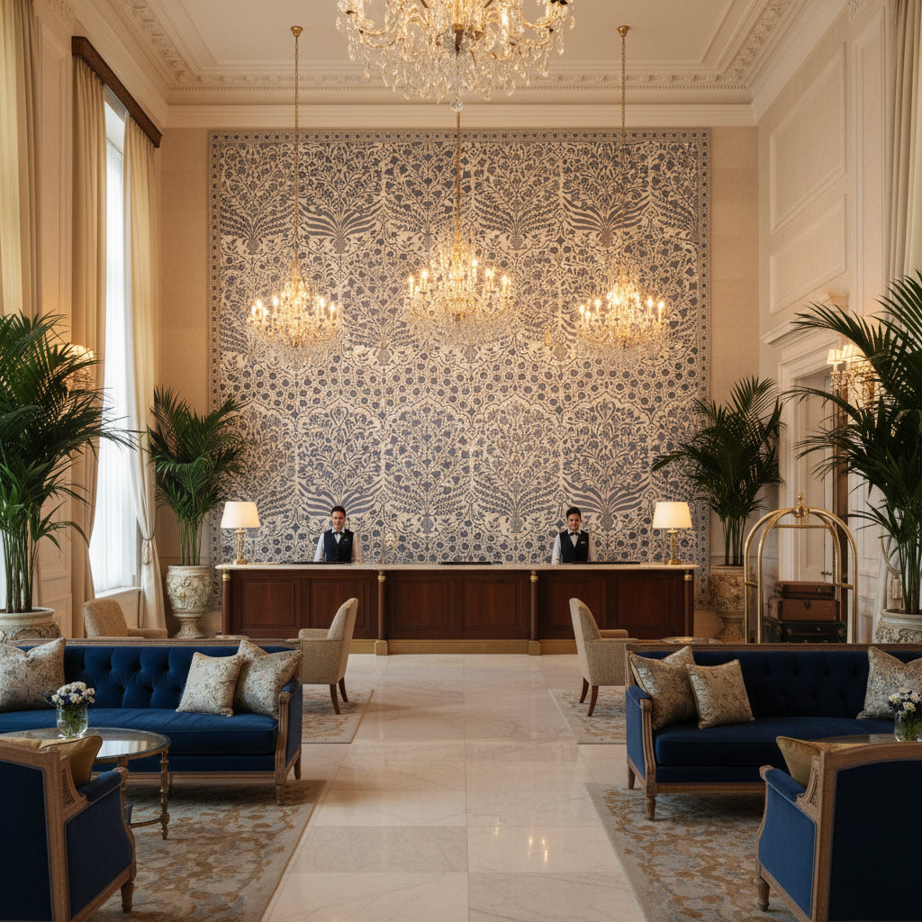 Sameera Blue/Indigo | Kravet - Hotel Lobby Visualization (AI-generated, may not be to scale. Verify pattern scale with product specifications.)