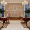 Sameera Red/Blue | Kravet - Hotel Lobby Visualization (AI-generated, may not be to scale. Verify pattern scale with product specifications.)