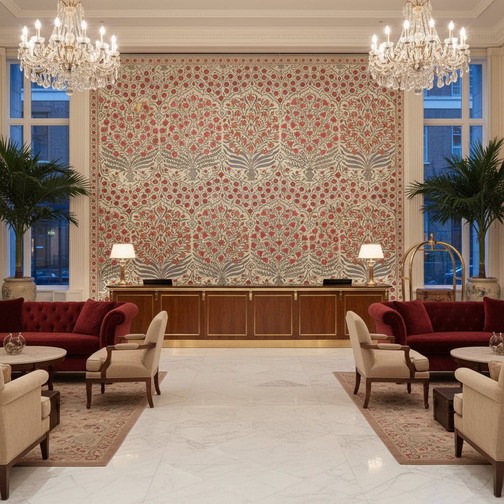 Sameera Red/Blue | Kravet - Hotel Lobby Visualization (AI-generated, may not be to scale. Verify pattern scale with product specifications.)
