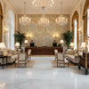 Sameera Sapphire/Gold | Kravet - Hotel Lobby Visualization (AI-generated, may not be to scale. Verify pattern scale with product specifications.)