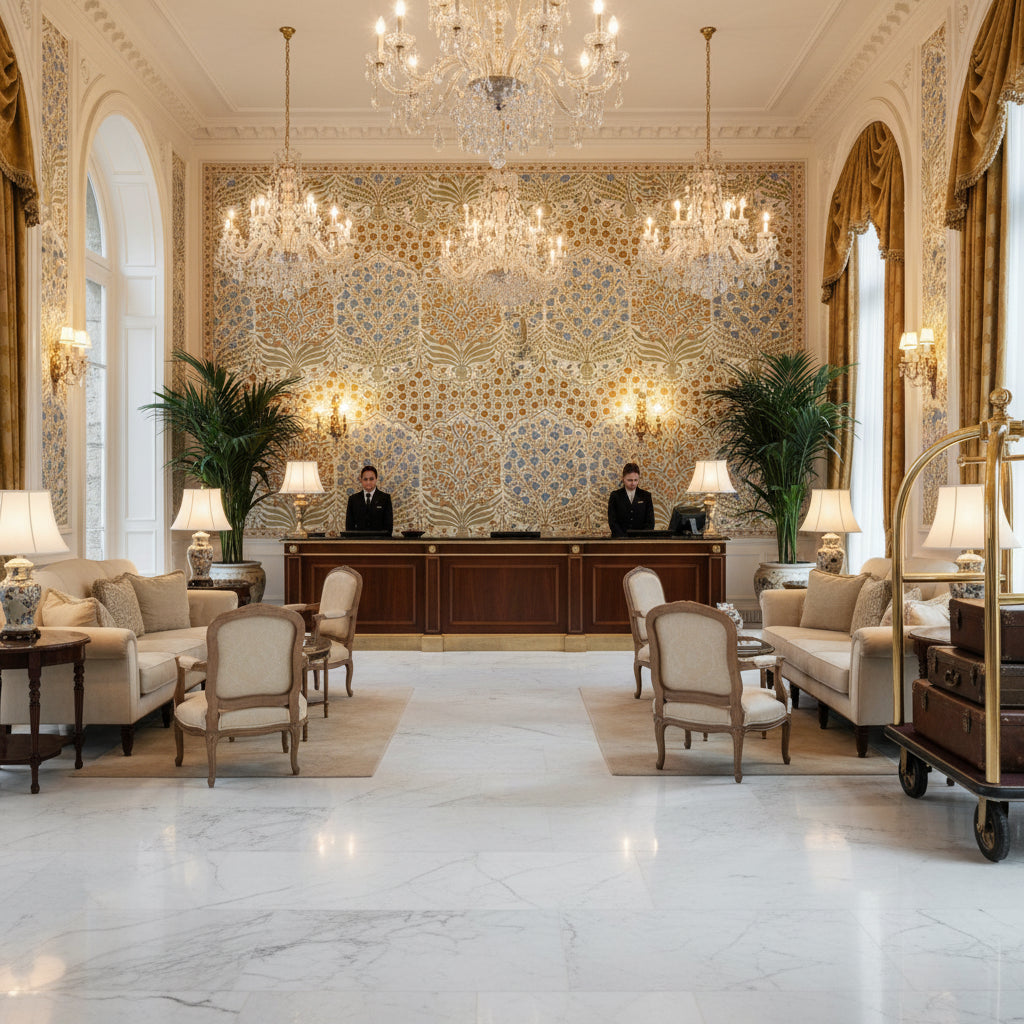 Sameera Sapphire/Gold | Kravet - Hotel Lobby Visualization (AI-generated, may not be to scale. Verify pattern scale with product specifications.)
