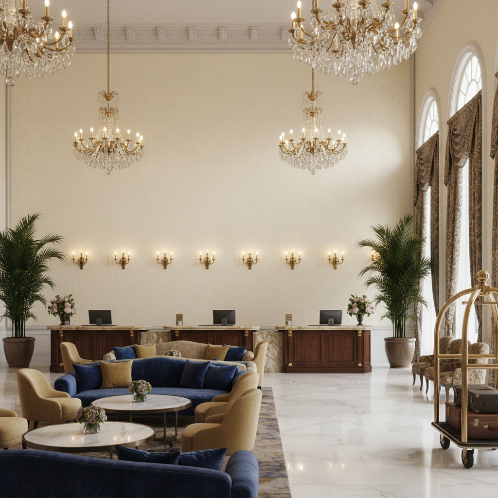 Skye Wool Coconut | Kravet - Hotel Lobby Visualization (AI-generated, may not be to scale. Verify pattern scale with product specifications.)