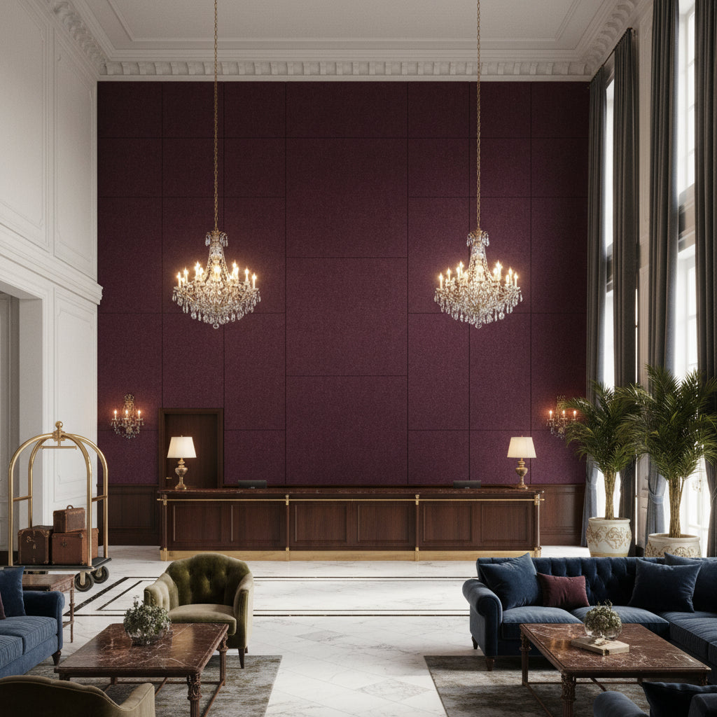 Skye Wool Aubergine | Kravet - Hotel Lobby Visualization (AI-generated, may not be to scale. Verify pattern scale with product specifications.)