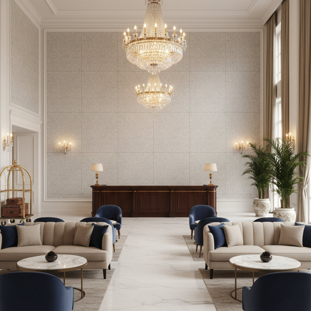 Skye Wool Moonbeam | Kravet - Hotel Lobby Visualization (AI-generated, may not be to scale. Verify pattern scale with product specifications.)