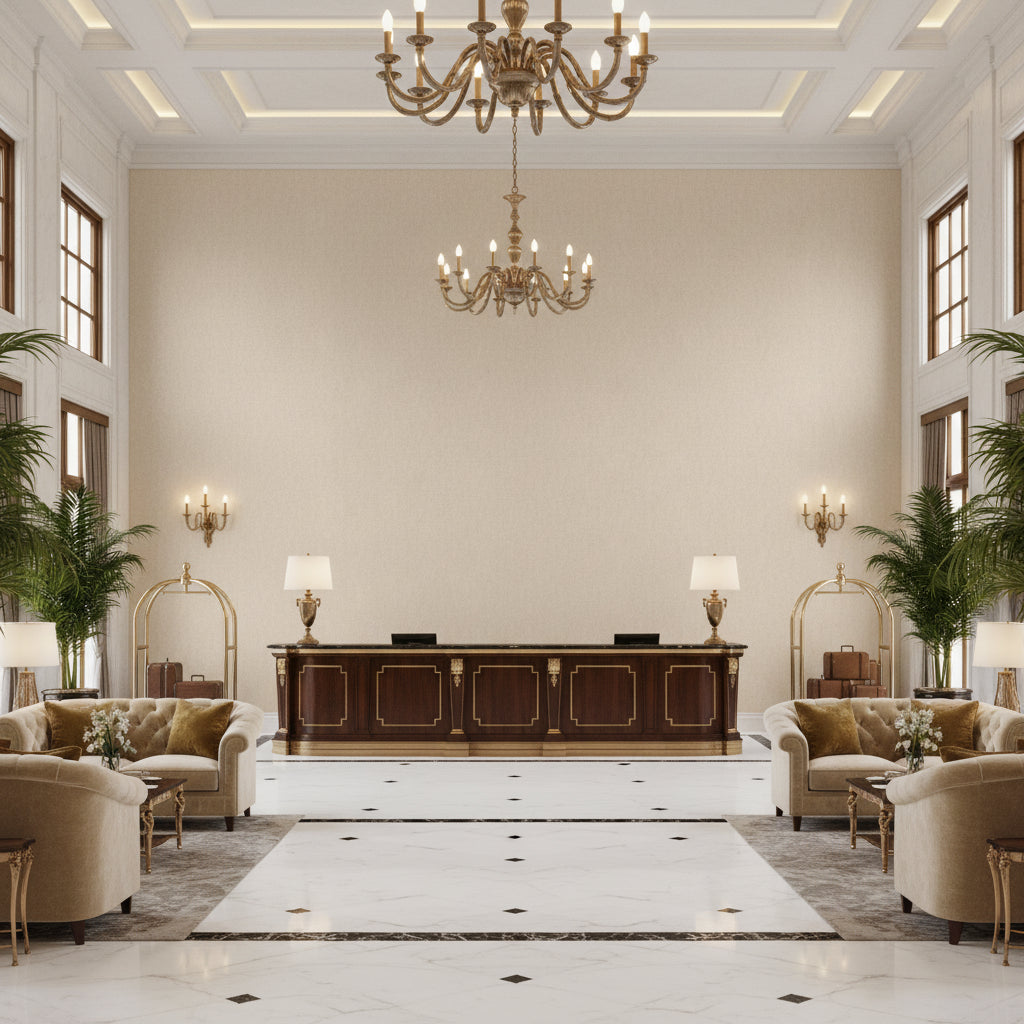 Skye Wool Flax | Kravet - Hotel Lobby Visualization (AI-generated, may not be to scale. Verify pattern scale with product specifications.)