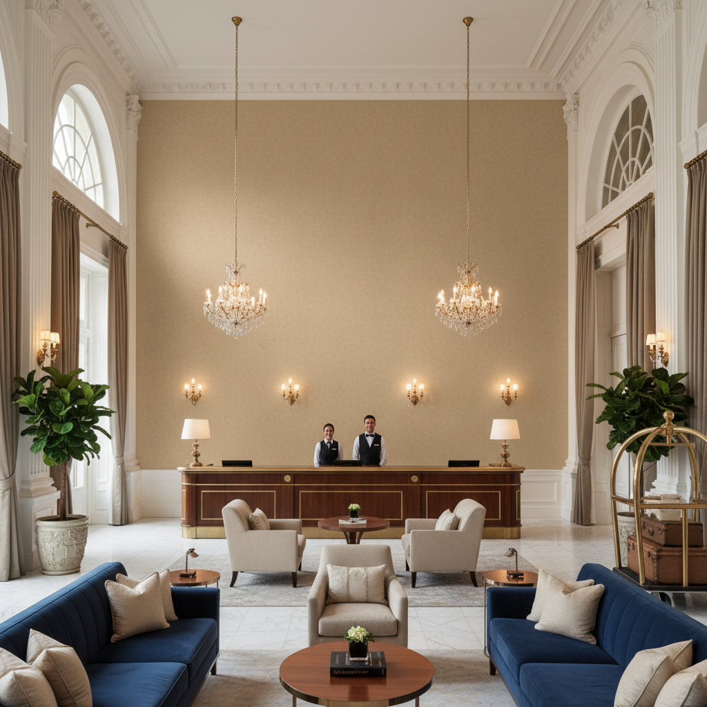 Skye Wool beige | Kravet - Hotel Lobby Visualization (AI-generated, may not be to scale. Verify pattern scale with product specifications.)