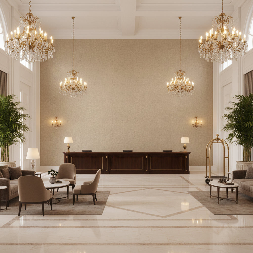 Skye Wool Biscotti | Kravet - Hotel Lobby Visualization (AI-generated, may not be to scale. Verify pattern scale with product specifications.)