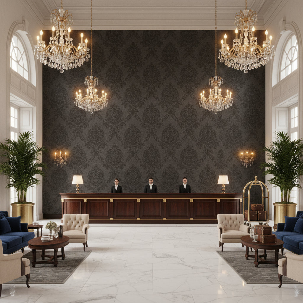 Skye Wool Charcoal | Kravet - Hotel Lobby Visualization (AI-generated, may not be to scale. Verify pattern scale with product specifications.)