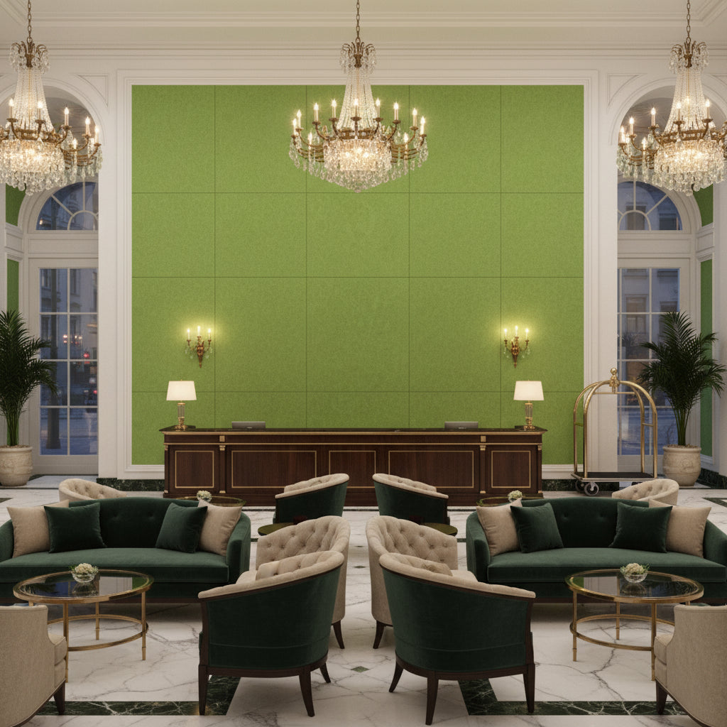 Skye Wool olive green | Kravet - Hotel Lobby Visualization (AI-generated, may not be to scale. Verify pattern scale with product specifications.)