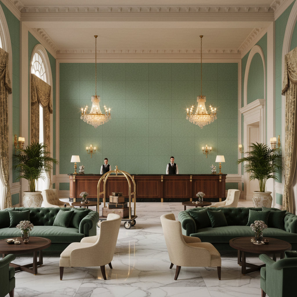 Skye Wool Mint | Kravet - Hotel Lobby Visualization (AI-generated, may not be to scale. Verify pattern scale with product specifications.)