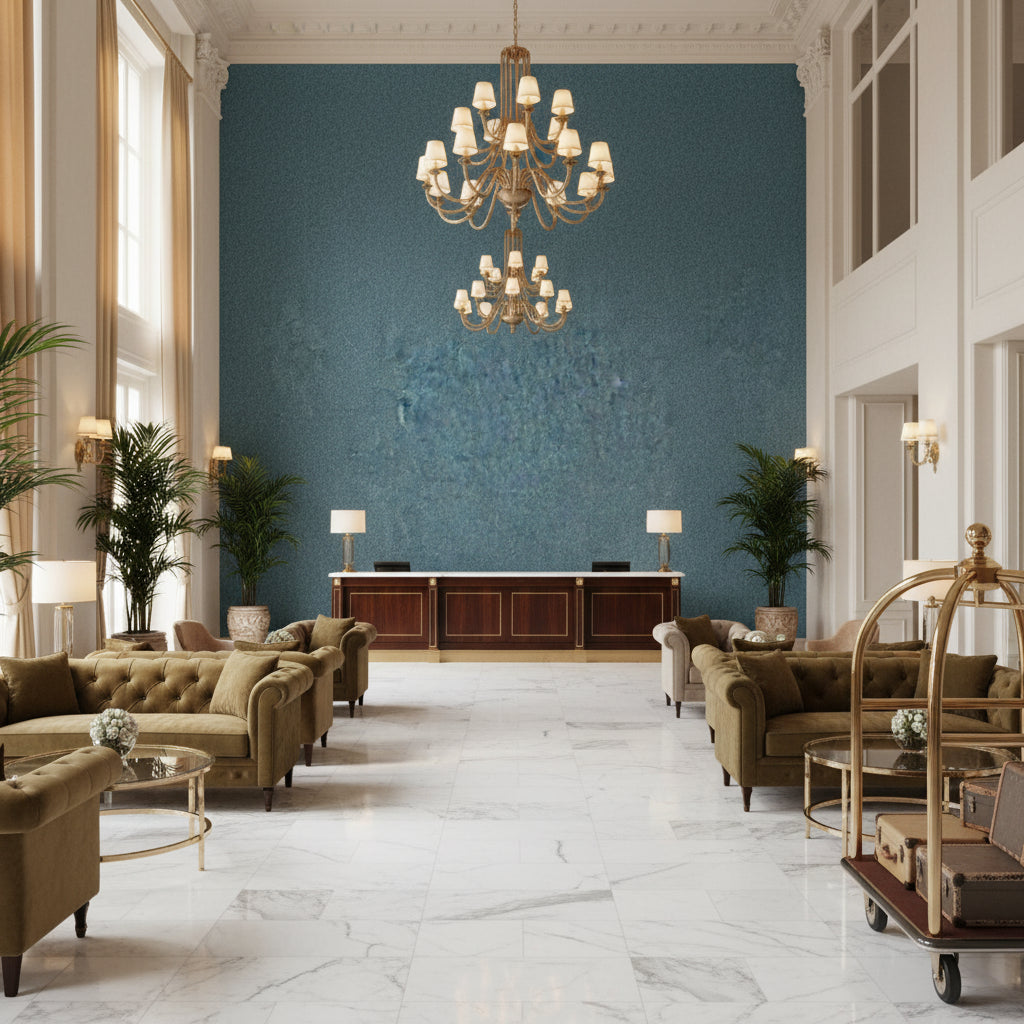 Skye Wool Calypso | Kravet - Hotel Lobby Visualization (AI-generated, may not be to scale. Verify pattern scale with product specifications.)