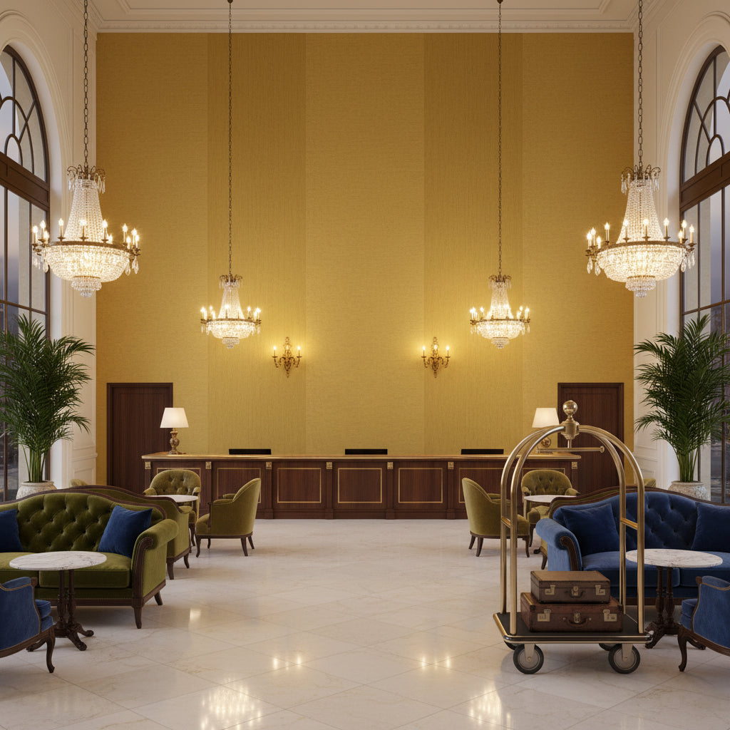 Skye Wool mustard | Kravet - Hotel Lobby Visualization (AI-generated, may not be to scale. Verify pattern scale with product specifications.)
