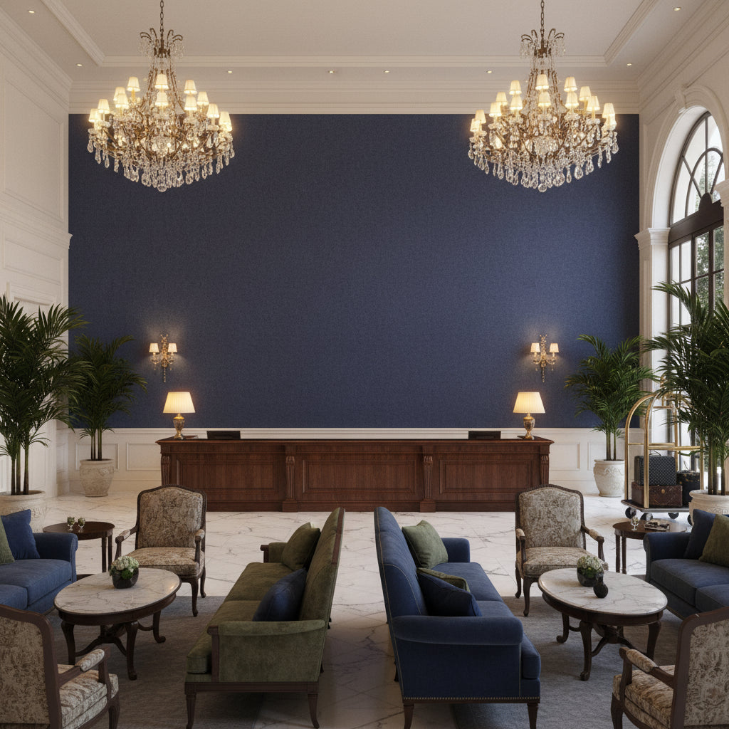 Skye Wool Blueberry | Kravet - Hotel Lobby Visualization (AI-generated, may not be to scale. Verify pattern scale with product specifications.)