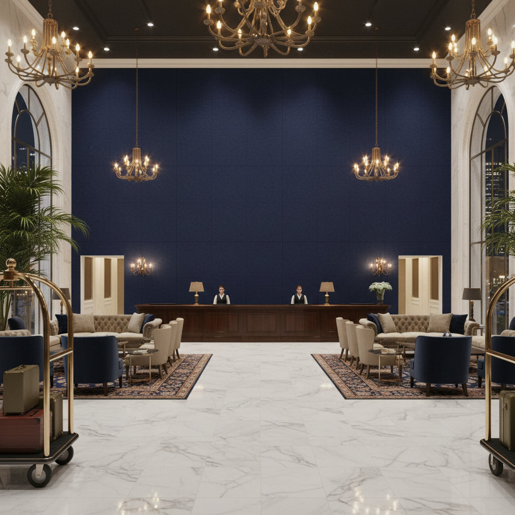 Skye Wool Ink | Kravet - Hotel Lobby Visualization (AI-generated, may not be to scale. Verify pattern scale with product specifications.)
