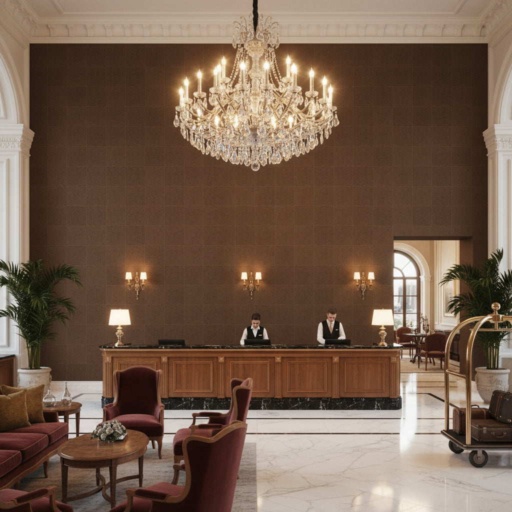 Skye Wool Walnut | Kravet - Hotel Lobby Visualization (AI-generated, may not be to scale. Verify pattern scale with product specifications.)