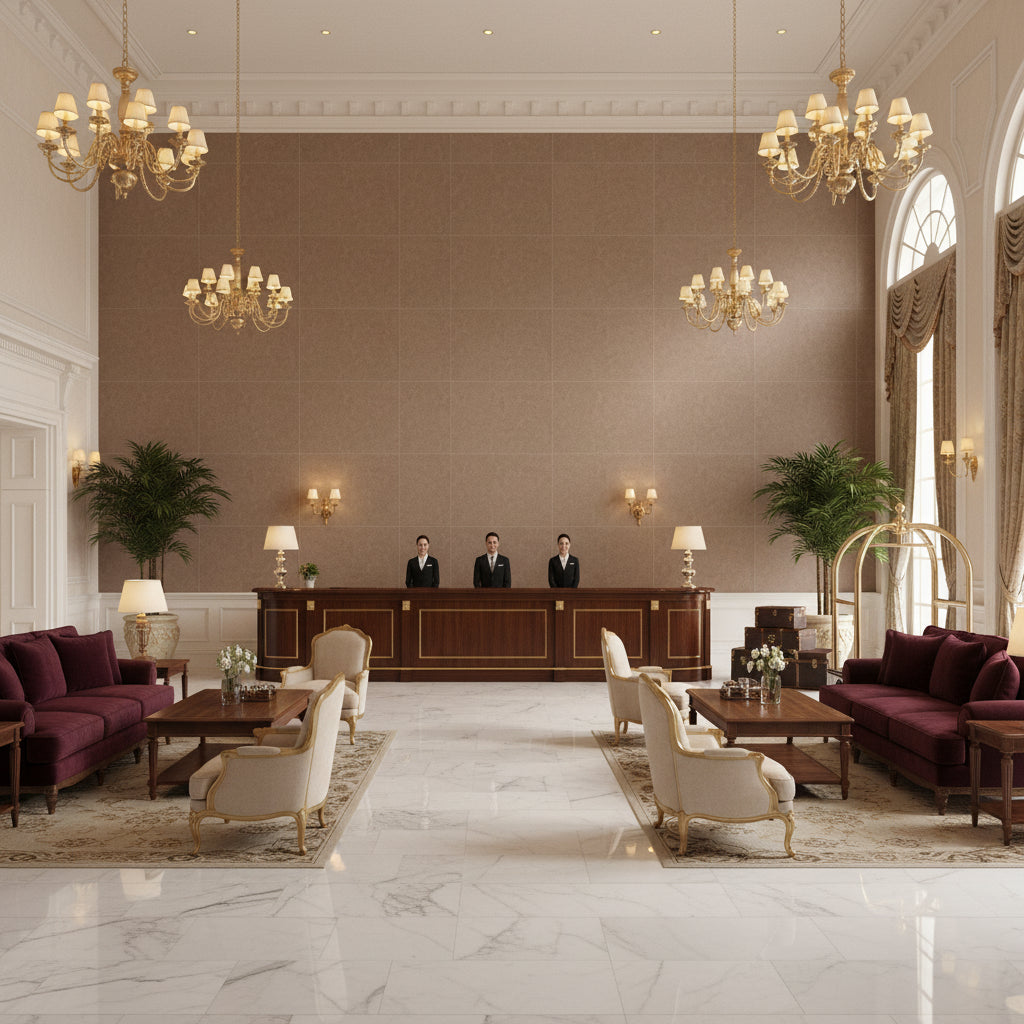Skye Wool taupe | Kravet - Hotel Lobby Visualization (AI-generated, may not be to scale. Verify pattern scale with product specifications.)