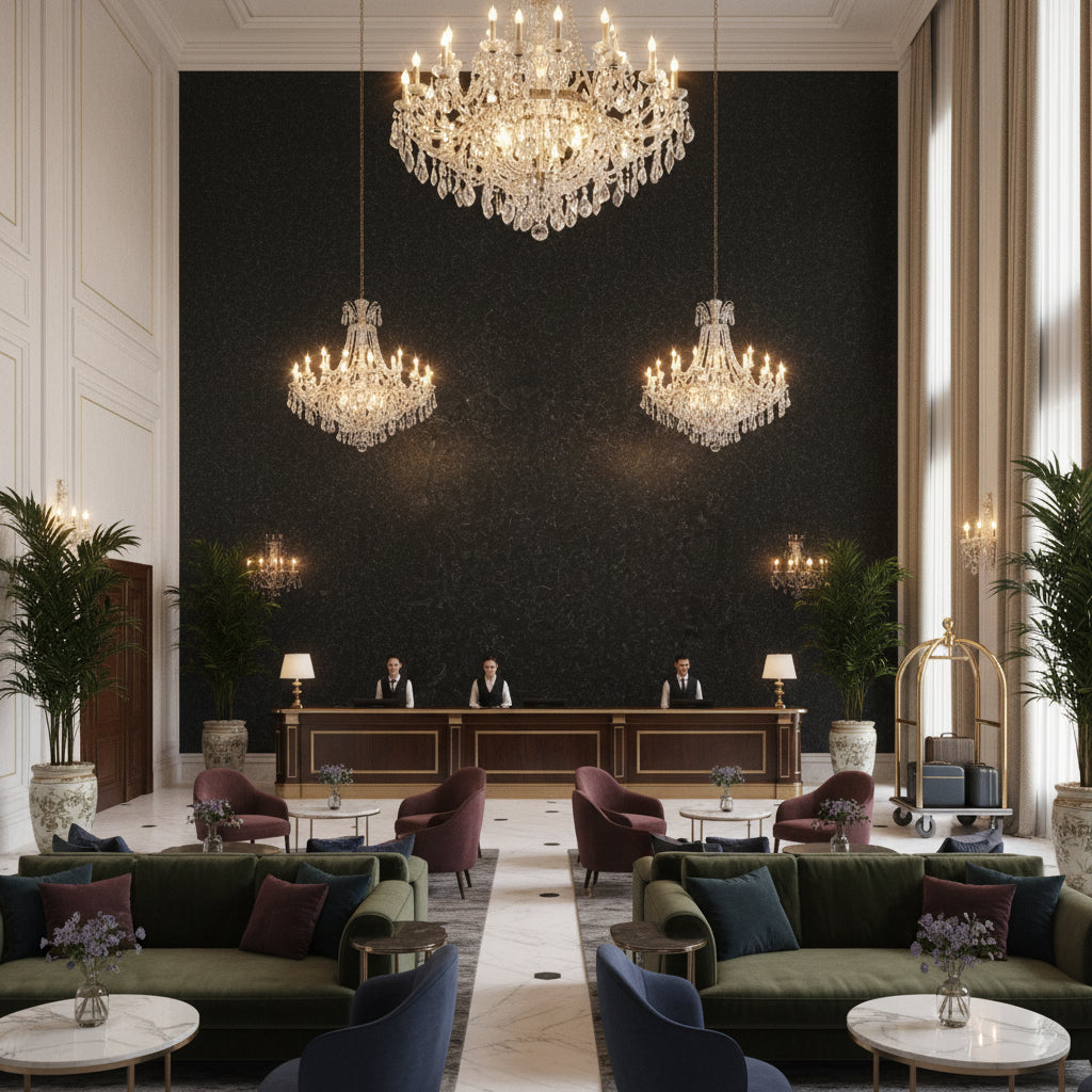 Skye Wool Jet | Kravet - Hotel Lobby Visualization (AI-generated, may not be to scale. Verify pattern scale with product specifications.)