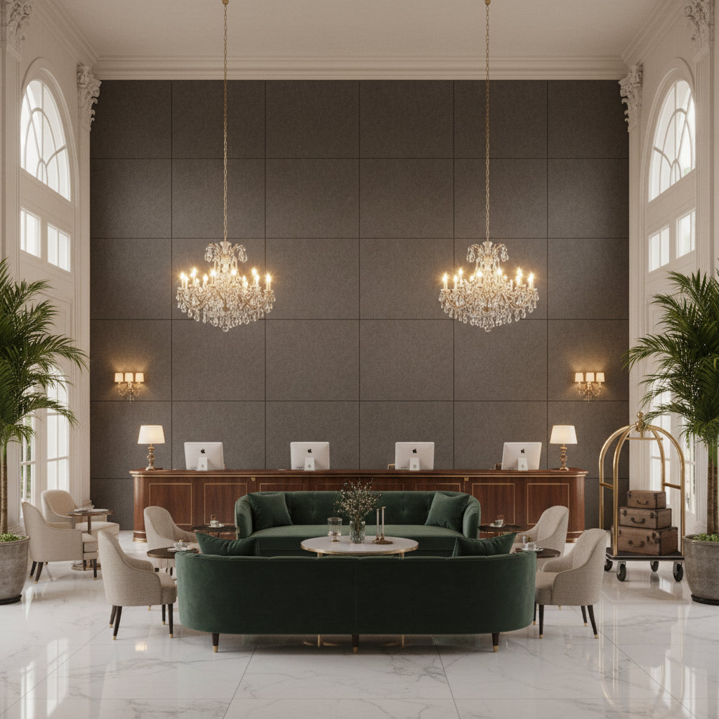 Skye Wool Pecan | Kravet - Hotel Lobby Visualization (AI-generated, may not be to scale. Verify pattern scale with product specifications.)