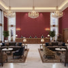 Skye Wool Cranberry | Kravet - Hotel Lobby Visualization (AI-generated, may not be to scale. Verify pattern scale with product specifications.)