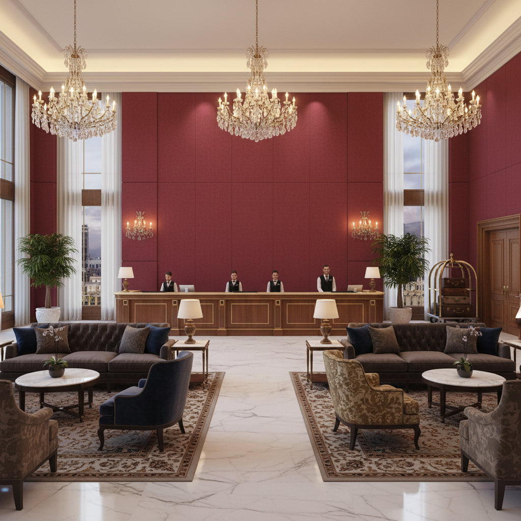 Skye Wool Cranberry | Kravet - Hotel Lobby Visualization (AI-generated, may not be to scale. Verify pattern scale with product specifications.)
