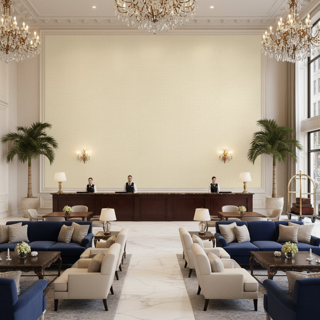 Lille Linen pale yellow | Kravet - Hotel Lobby Visualization (AI-generated, may not be to scale. Verify pattern scale with product specifications.)