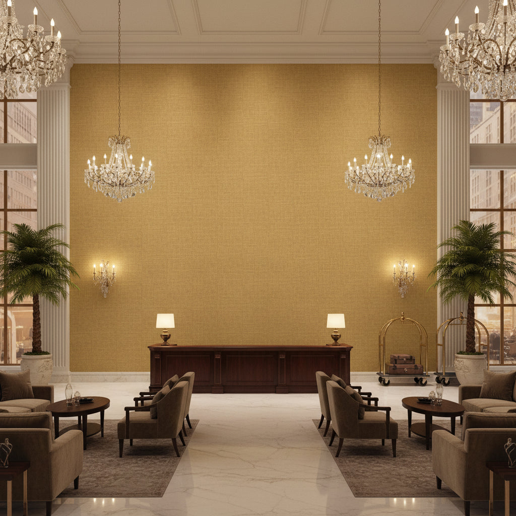 Lille Linen Straw | Kravet - Hotel Lobby Visualization (AI-generated, may not be to scale. Verify pattern scale with product specifications.)