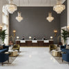 Lille Linen Shale | Kravet - Hotel Lobby Visualization (AI-generated, may not be to scale. Verify pattern scale with product specifications.)