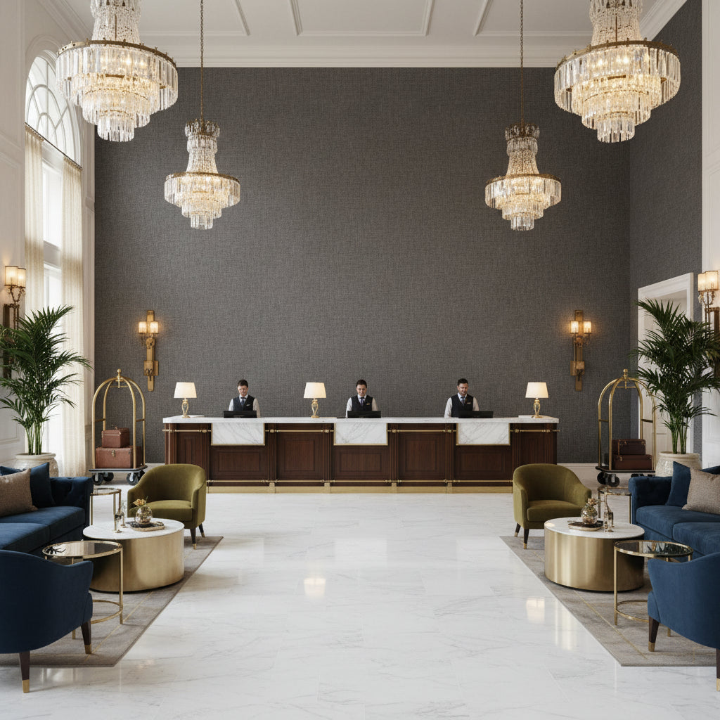 Lille Linen Shale | Kravet - Hotel Lobby Visualization (AI-generated, may not be to scale. Verify pattern scale with product specifications.)