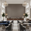 Lille Linen Pewter | Kravet - Hotel Lobby Visualization (AI-generated, may not be to scale. Verify pattern scale with product specifications.)
