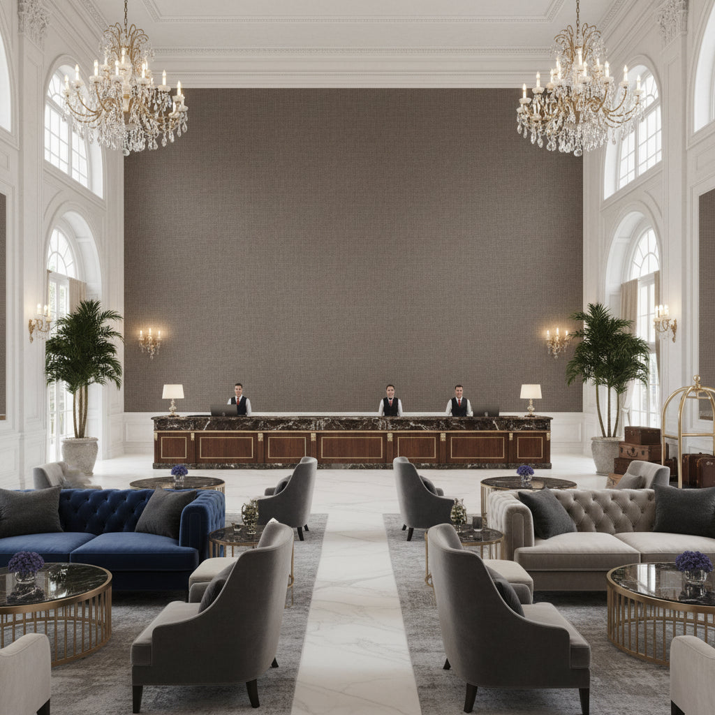 Lille Linen Pewter | Kravet - Hotel Lobby Visualization (AI-generated, may not be to scale. Verify pattern scale with product specifications.)