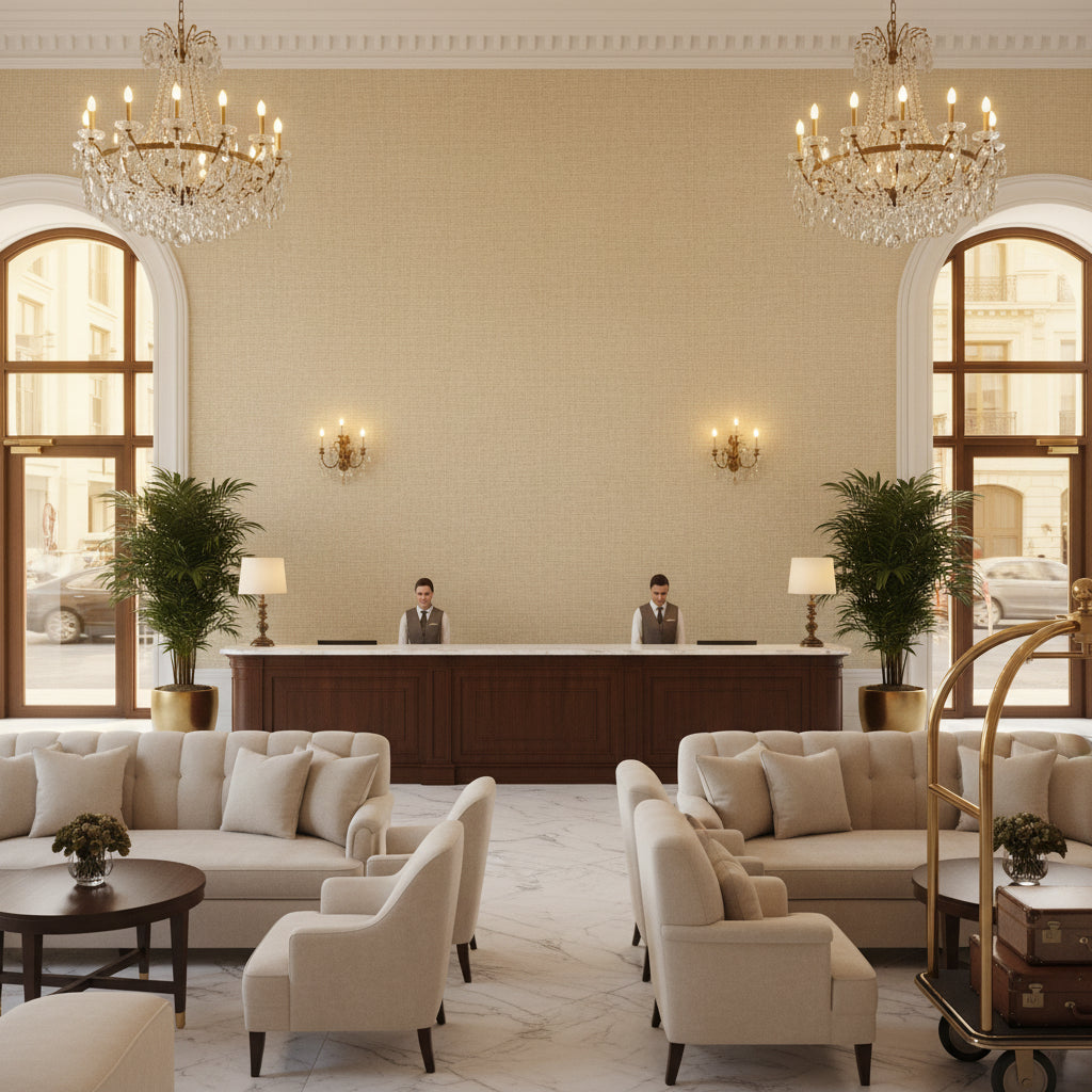 Lille Linen Champagne | Kravet - Hotel Lobby Visualization (AI-generated, may not be to scale. Verify pattern scale with product specifications.)