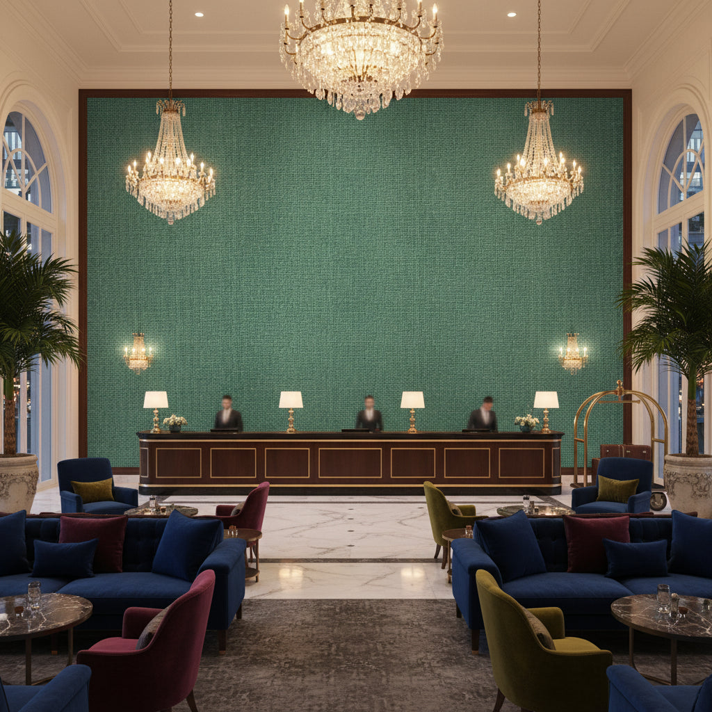 Lille Linen Lagoon | Kravet - Hotel Lobby Visualization (AI-generated, may not be to scale. Verify pattern scale with product specifications.)