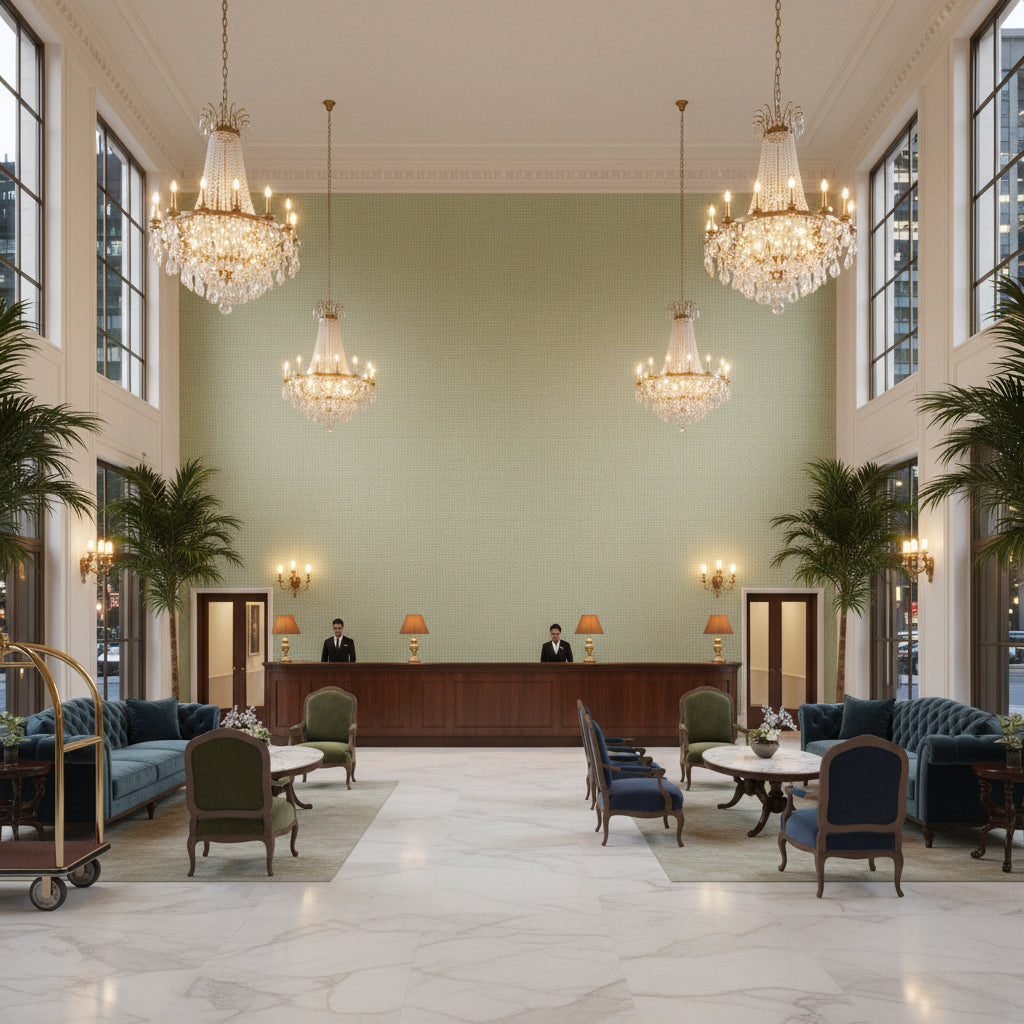 Lille Linen Oldmint | Kravet - Hotel Lobby Visualization (AI-generated, may not be to scale. Verify pattern scale with product specifications.)