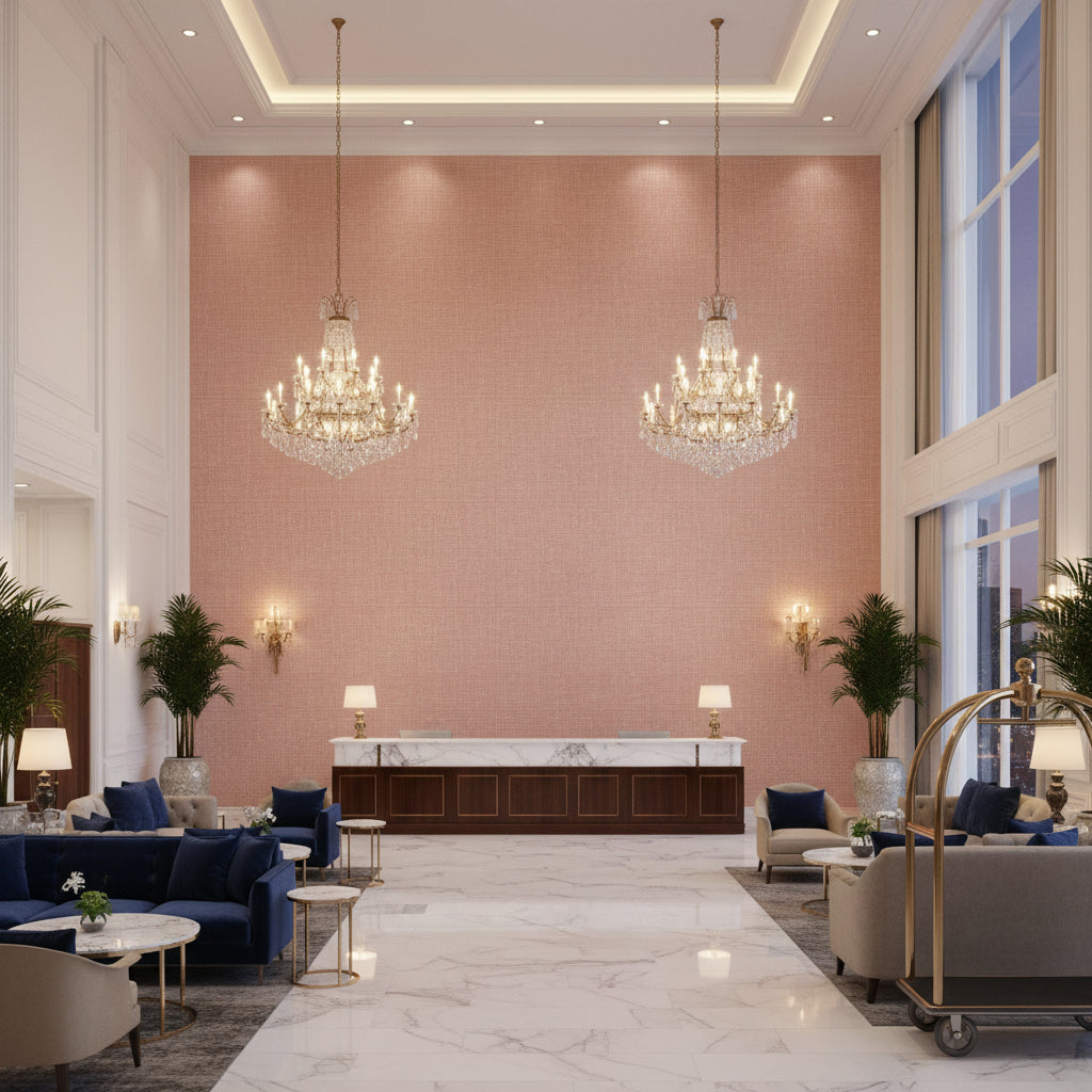 Lille Linen  Old Rose | Kravet - Hotel Lobby Visualization (AI-generated, may not be to scale. Verify pattern scale with product specifications.)