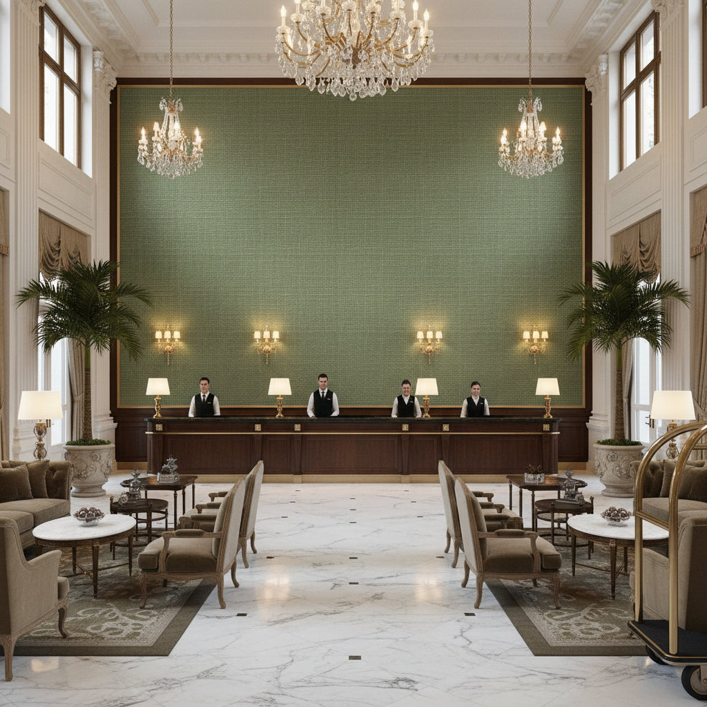 Lille Linen Kelly Green | Kravet - Hotel Lobby Visualization (AI-generated, may not be to scale. Verify pattern scale with product specifications.)