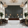 Lille Linen Hunter Green | Kravet - Hotel Lobby Visualization (AI-generated, may not be to scale. Verify pattern scale with product specifications.)