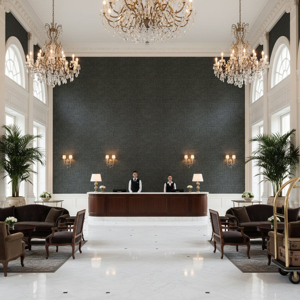 Lille Linen Hunter Green | Kravet - Hotel Lobby Visualization (AI-generated, may not be to scale. Verify pattern scale with product specifications.)
