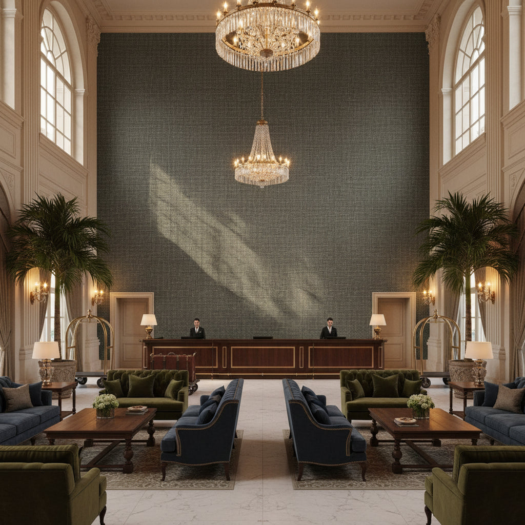 Lille Linen Dune Grass | Kravet - Hotel Lobby Visualization (AI-generated, may not be to scale. Verify pattern scale with product specifications.)